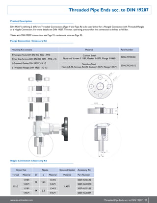27www.as-schneider.com
Threaded Pipe Ends acc. to DIN 19207
Threaded Pipe Ends acc. to DIN 19207
Flange Connection I Accessory Kit
Nipple Connection I Accessory Kit
DIN 19207 is defining 2 different Threaded Connections (Type V and Type R) to be used either for a Flanged Connection with Threaded Flanges
or a Nipple Connection. For more details see DIN 19207. The max. operating pressure for this connection is defined at 160 bar.
Valves with DIN 19207 connections see Page 13, condensate pots see Page 25.
Mounting Kit contains Material Part Number
4 Hexagon Nuts DIN EN ISO 4032 - M10 Carbon Steel
Nuts and Screws 1.1181, Gasket 1.4571, Flange 1.0460
S006.39.100.02
4 Hex Cap Screws DIN EN ISO 4014 - M10 x 45
1 Grooved Gasket DIN 19207 - B 1/2 Stainless Steel
Nuts A4-70, Screws A2-70, Gasket 1.4571, Flange 1.4571
S006.39.200.02
2 Threaded Flanges DIN 19207 - G 1/2
Union Nut Nipple Grooved Gasket Accessory Kit
Thread Material D s Material Material Part Number
G 1/2
1.1181
12 1.65
1.5415
1.4571
S007.45.103.10
1.4571 1.4571 S007.45.203.10
1.1181
14 2.5
1.5415 S007.45.103.11
1.4571 1.4571 S007.45.203.11
Product Description
Ø
50
Ø
11.5
G1/2
14
D
S
 