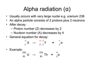 Alpha radiation (α)
• Usually occurs with very large nuclei e.g. uranium 238
• An alpha particle consists of 2 protons plus 2 neutrons
• After decay:
– Proton number (Z) decreases by 2
– Nucleon number (A) decreases by 4
• General equation for decay:
• Example:
A
Z
A - 4
Z - 2
4
2
X Y α
→ +
U
238
92
Th
234
90
α
4
2
→ +
 