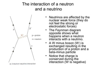 The interaction of a neutron
and a neutrino
• Neutrinos are affected by the
nuclear weak force (they do
not feel the strong or
electrostatic forces)
• The Feynman diagram
opposite shows what
happens when a neutron
interacts with a neutrino.
• A W minus boson (W-
) is
exchanged resulting in the
production of a proton and a
beta-minus particle
• Notice that charge is
conserved during the
interaction (W-
is negative)
 