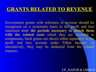 GRANTS RELATED TO REVENUE Government grants with reference to revenue should be recognised on a systematic basis in the profit and loss statement  over the periods necessary to match them with the related costs  which they are intended to compensate .  Such grants are shown either separately in the profit and loss account under 'Other Income‘ or alternatively, they may be deducted from the related expense. J.P., KAPUR & UBERAI 