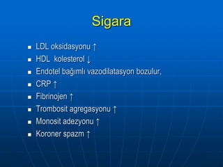 Sigara
   LDL oksidasyonu ↑
   HDL kolesterol ↓
   Endotel bağımlı vazodilatasyon bozulur,
   CRP ↑
   Fibrinojen ↑
   Trombosit agregasyonu ↑
   Monosit adezyonu ↑
   Koroner spazm ↑
 