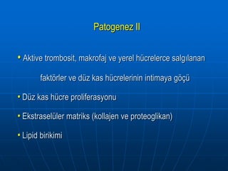 Patogenez II


• Aktive trombosit, makrofaj ve yerel hücrelerce salgılanan
        faktörler ve düz kas hücrelerinin intimaya göçü

• Düz kas hücre proliferasyonu
• Ekstraselüler matriks (kollajen ve proteoglikan)
• Lipid birikimi
 
