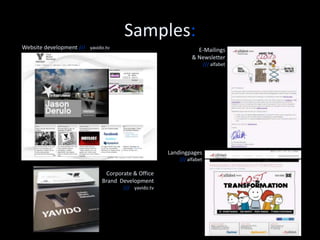 Offline Work. 
Direct Mailings #Dialog Marketing 
#Booths 
Print Mailings 
Promotions 
#Brochures 
Factsheets 
Print Mailings 
TV Ad 
Billboard Campaign 
TV Trailer Production 
Print Ads 
White Papers Case Studies #Videos 
 
