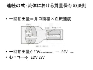 連続の式：流体における質量保存の法則 
• 一回拍出量＝弁口面積×血流速度 
• 一回拍出量←EDV（左室拡張末期容積） ーESV 収縮 
• 心エコー→ EDV ESV 
 