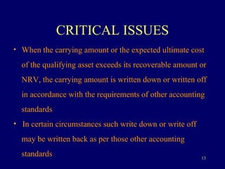 CRITICAL ISSUES When the carrying amount or the expected ultimate cost  of the qualifying asset exceeds its recoverable amount or  NRV, the carrying amount is written down or written off  in accordance with the requirements of other accounting  standards  In certain circumstances such write down or write off  may be written back as per those other accounting  standards  