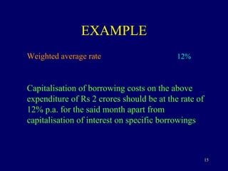 EXAMPLE Weighted average rate   12% Capitalisation of borrowing costs on the above expenditure of Rs 2 crores should be at the rate of 12% p.a. for the said month apart from capitalisation of interest on specific borrowings 