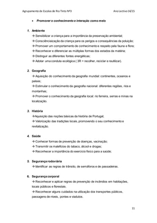 Agrupamento de Escolas de Rio Tinto Nº3 AnoLectivo14/15
11
 Promover o conhecimento e interação como meio
1. Ambiente
 Sensibilizar a criança para a importância da preservação ambiental;
 Consciênciaização da criança para os perigos e consequências da poluição;
 Promover um comportamento de conhecimento e respeito pela fauna e flora;
 Reconhecer e diferenciar as múltiplas formas dos estados da matéria;
 Distinguir as diferentes fontes energéticas;
 Adotar uma conduta ecológica ( 3R = recolher, reciclar e reutilizar).
2. Geografia
 Aquisição do conhecimento da geografia mundial: continentes, oceanos e
países;
 Estimular o conhecimento da geografia nacional: diferentes regiões, rios e
montanhas;
 Promover o conhecimento da geografia local: rio ferreira, serras e minas na
localização.
3. História
Aquisição das noções básicas da história de Portugal;
 Valorização das tradições locais, promovendo o seu conhecimento e
revitalização.
4. Saúde
 Conhecer formas de prevenção de doenças, vacinação;
 Transmitir os malefícios do tabaco, álcool e drogas;
 Reconhecer a importância do exercicio fisico para a saúde;
5. Segurança rodoviária
 Identificar as regras de trânsito, de semáforos e de passadeiras.
6. Segurança corporal
 Reconhecer e aplicar regras de prevenção de incêndios em habitações,
locais públicos e florestais.
 Reconhecer alguns cuidados na utilização dos transportes públicos,
passagens de níveis, pontes e viadutos.
 