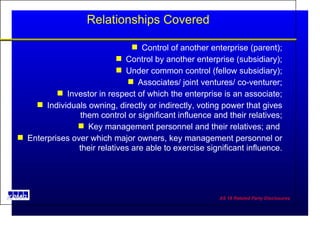 Relationships Covered Control of another enterprise (parent); Control by another enterprise (subsidiary); Under common control (fellow subsidiary); Associates/ joint ventures/ co-venturer; Investor in respect of which the enterprise is an associate; Individuals owning, directly or indirectly, voting power that gives them control or significant influence and their relatives; Key management personnel and their relatives; and  Enterprises over which major owners, key management personnel or their relatives are able to exercise significant influence. 