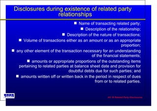 Disclosures during existence of related party relationships Name of transacting related party; Description of the relationship; Description of the nature of transactions; Volume of transactions either as an amount or as an appropriate proportion; any other element of the transaction necessary for an understanding of the financial statements; amounts or appropriate proportions of the outstanding items pertaining to related parties at balance sheet date and provision for doubtful debts due for such parties; and amounts written off or written back in the period in respect of dues from or to related parties. 