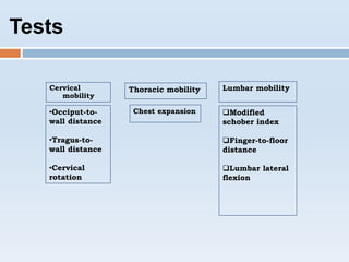 Tests
Cervical
mobility
•Occiput-to-
wall distance
•Tragus-to-
wall distance
•Cervical
rotation
Thoracic mobility Lumbar mobility
Chest expansion Modified
schober index
Finger-to-floor
distance
Lumbar lateral
flexion
 