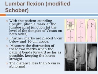 Lumbar flexion (modified
Schober)
 With the patient standing
upright, place a mark at the
lumbosacral junction (at the
level of the dimples of Venus on
both sides).
 Further marks are placed 5 cm
below and 10 cm above.
 Measure the distraction of
these two marks when the
patient bends forward as far as
possible, keeping the knees
straight
 The distance less than 5 cm is
abnormal
 