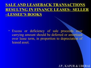 SALE AND LEASEBACK TRANSACTIONS RESULTNG IN FINANCE LEASES-  SELLER –LESSEE’S BOOKS Excess or deficiency of sale proceeds over carrying amount should be deferred or amortised over lease term, in proportion to depreciation of leased asset. J.P., KAPUR & UBERAI 