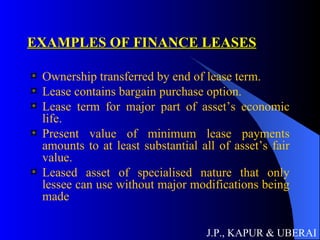 EXAMPLES OF FINANCE LEASES Ownership transferred by end of lease term. Lease contains bargain purchase option. Lease term for major part of asset’s economic life. Present value of minimum lease payments amounts to at least substantial all of asset’s fair value. Leased asset of specialised nature that only lessee can use without major modifications being made J.P., KAPUR & UBERAI 