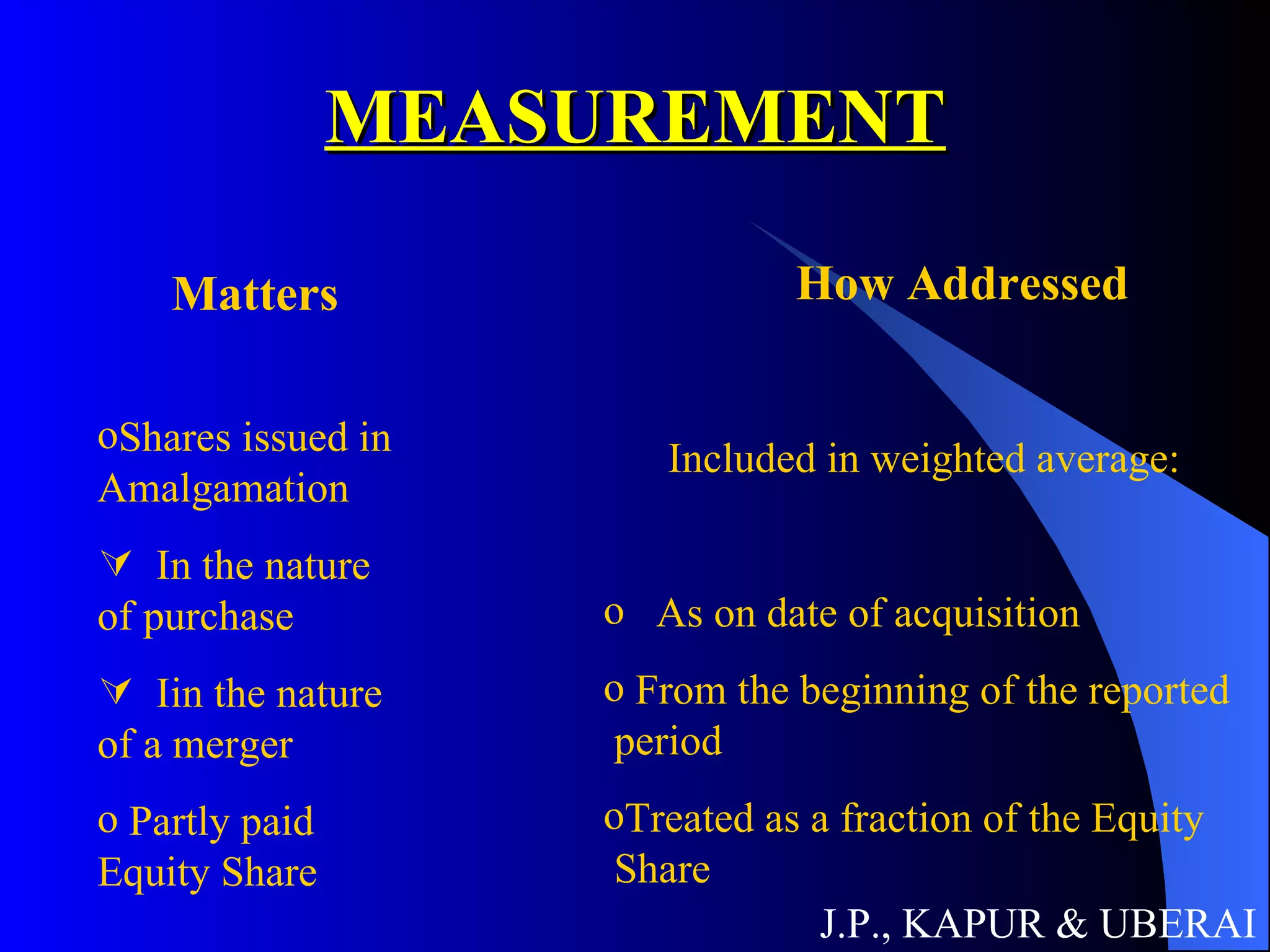 MEASUREMENT J.P., KAPUR & UBERAI Matters How Addressed Shares issued in Amalgamation In the nature of purchase Iin the nature of a merger Partly paid Equity Share Included in weighted average: As on date of acquisition From the beginning of the reported period Treated as a fraction of the Equity Share 