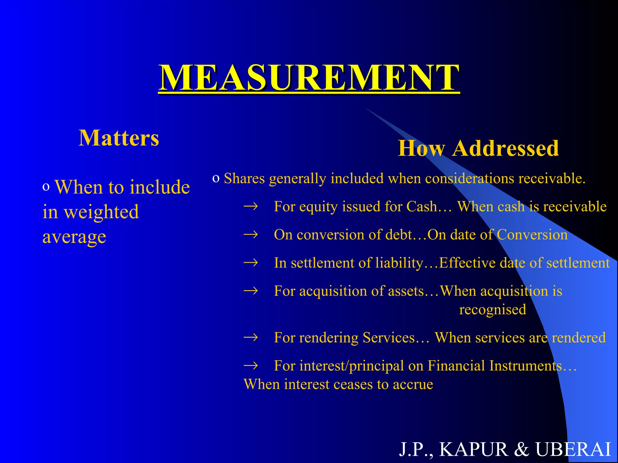 MEASUREMENT J.P., KAPUR & UBERAI Matters How Addressed When to include in weighted average Shares generally included when considerations receivable. For equity issued for Cash… When cash is receivable On conversion of debt…On date of Conversion In settlement of liability…Effective date of settlement For acquisition of assets…When acquisition is  recognised For rendering Services… When services are rendered For interest/principal on Financial Instruments…  When interest ceases to accrue 