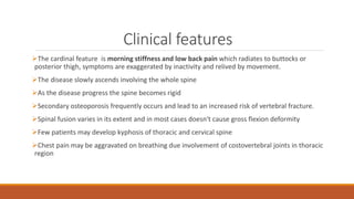 Clinical features
The cardinal feature is morning stiffness and low back pain which radiates to buttocks or
posterior thigh, symptoms are exaggerated by inactivity and relived by movement.
The disease slowly ascends involving the whole spine
As the disease progress the spine becomes rigid
Secondary osteoporosis frequently occurs and lead to an increased risk of vertebral fracture.
Spinal fusion varies in its extent and in most cases doesn't cause gross flexion deformity
Few patients may develop kyphosis of thoracic and cervical spine
Chest pain may be aggravated on breathing due involvement of costovertebral joints in thoracic
region
 