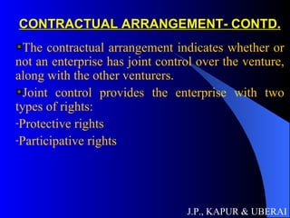 CONTRACTUAL ARRANGEMENT- CONTD. The contractual arrangement indicates whether or not an enterprise has joint control over the venture, along with the other venturers.  Joint control provides the enterprise with two types of rights: Protective rights Participative rights J.P., KAPUR & UBERAI 