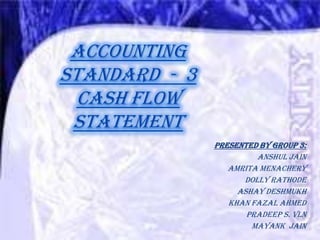 ACCOUNTING   STANDARD  -  3CASH FLOW STATEMENT,[object Object],Presented By Group 3:,[object Object],Anshul Jain,[object Object],Amrita Menachery,[object Object],Dolly Rathode,[object Object],Ashay Deshmukh,[object Object],Khan Fazal Ahmed,[object Object],Pradeep S. VLN,[object Object],Mayank  Jain,[object Object]