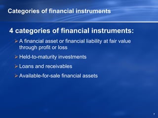 Categories of financial instruments


4 categories of financial instruments:
   A financial asset or financial liability at fair value
   through profit or loss
   Held-to-maturity investments
   Loans and receivables
   Available-for-sale financial assets




                                                            7
 