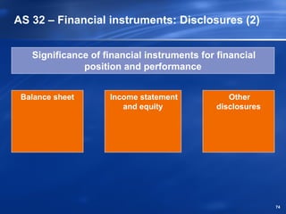 AS 32 – Financial instruments: Disclosures (2)


   Significance of financial instruments for financial
              position and performance


 Balance sheet      Income statement            Other
                       and equity            disclosures




                                                           74
 