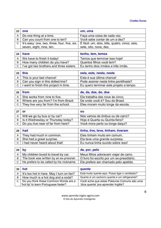 CChhaarrlllleess NNuunneess
_____________________________________________________________
www.aprenda-ingles-agora.com
O Site do Aprendiz Inteligente
8
23 one um, uma
A Do one thing at a time. Faça uma coisa de cada vez.
B Can you count from one to ten? Você sabe contar de um a dez?
C It’s easy: one, two, three, four, five, six,
seven, eight, nine, ten.
É fácil: um, dois, três, quatro, cinco, seis,
sete, oito, nove, dez.
24 have tenho, tem, temos
A We have to finish it today! Temos que terminar isso hoje!
B How many children do you have? Quantos filhos você tem?
C I’ve got two brothers and three sisters. Eu tenho dois irmãos e três irmãs.
25 this esta, este, nesta, neste
A This is your last chance! Esta é sua última chance!
B Can you sign in this dotted line? Pode assinar nesta linha pontilhada?
C I want to finish this project in time. Eu quero terminar este projeto a tempo.
26 from de, da, das, do, dos
A She works from nine to five. Ela trabalha das nove às cinco.
B Where are you from? I’m from Brazil. De onde você é? Sou do Brasil.
C They live very far from the school. Eles moram muito longe da escola.
27 or ou
A Will we go by bus or by car? Nós vamos de ônibus ou de carro?
B Is it Wednesday or Thursday today? Hoje é Quarta ou Quinta-feira?
C Do you live near of far from here? Você mora perto ou longe daqui?
28 had tinha, tive, teve, tinham, tiveram
A They had much in common. Eles tinham muito em comum.
B She had a great surprise. Ela teve uma grande surpresa.
C I had never heard about that! Eu nunca tinha ouvido sobre isso!
29 by de, por, pelo
A My children loved to travel by car. Meus filhos adoravam viajar de carro.
B The book was written by an ex-prisoner. O livro foi escrito por um ex-presidiário.
C He prefers to be called by his nickname. Ele prefere ser chamado pelo apelido.
30 hot quente
A It’s too hot in here. May I turn on fan? Está muito quente aqui. Posso ligar o ventilador?
B How much is a hot dog and a soda? Quanto é um cachorro quente e um refrigerante?
C Do you think these Common Words are a
'hot tip' to learn Portuguese faster?
Você acha que estas Palavras Comuns são uma
‘dica quente’ pra aprender Inglês?
 