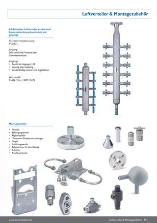 Luftverteiler & Montagezubehör
AS-Schneider Luftverteiler werden nach
Kunden­anforderung konstruiert und
gefertigt
Verteilerrohrabmessung
1" und 2".
Eingang
DIN- und ASME-Flansche oder
Gewindeanschlüsse
Abgänge
•	 Anzahl der Abgänge 2 – 20
•	 Einseitig oder beidseitig
•	 Standardmäßig montiert mit Kugelhähnen
Werkstoffe
1.4404 (316L), 1.4571 (316Ti)
Montagezubehör
•	 Flansche
•	 Befestigungswinkel
•	 Abgleichgefäße
•	 Manometer-Drehverschraubungen
•	 Nippel
•	 Entlüftungsventile
•	 Zubehörsätze für Ventilblöcke
•	 T-Stücke
•	 Anschluss-Stücke
15www.as-schneider.com Luftverteiler & Montagezubehör
 