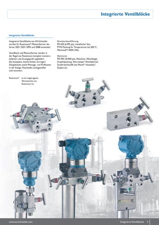 Rosemount®
	 ist ein eingetragenes
	 Warenzeichen von
	 Rosemount Inc.
Integrierte Ventilblöcke
Integrierte Ventilblöcke
Integrierte Ventilblöcke von AS-Schneider
wurden für Rosemount®
-Messumformer der
Serien 2051 / 3051 / 3095 und 2088 entwickelt.
Ventilblock und Messumformer werden in
der Regel von Rosemount komplett montiert,
kalibriert und druckgeprüft angeliefert.
Die kompakte, leichte Einheit verringert
Designkosten sowie Montage- und Prüfkosten
in der Anlage. Potenzielle Leckage­stellen
sind minimiert.
Standardausführung
PN 420 (6.092 psi), metallischer Sitz,
PTFE-Packung für Tempera­turen bis 200° C,
Werkstoff 1.4404 / 316L.
Optionen
PN 700 (10.000 psi), Weichsitz, Weichkegel,
Graphitpackung, 'Anti-tamper'-Ventiloberteil,
Sonderwerkstoffe wie Monel®
, Hastelloy®
,
Duplex etc.
5www.as-schneider.com IntegrierteVentilblöcke
 