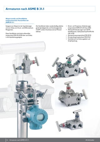 Armaturen nach ASME B 31.1
Absperrventile und Ventilblöcke
entsprechend den Vorschriften der
ASME B 31.1
Geeignet zum Absperren der Impulsleitungen
und zum Anbau von Druck- und Differenzdruck-
Messgeräten.
Diese Ventilblöcke sind direkt anflanschbar
entsprechend DIN EN 61518 oder zum Einbau
in die Impulsleitung geeignet.
Die Ventilblöcke haben standardmäßig außenlie-
gende Spindel­gewinde und Anschlussgewinde
1/2 NPT, andere Anschlüsse sind auf Wunsch
lieferbar.
•	 Druck- und Temperatur-Anforderungen
entsprechend ASME B 16.34 Class 2500
•	 Werkstoff-Anforderungen nach ASTM-
Spezifikationen, Ge­häusewerkstoff A 479-316
oder A 105
•	 Kennzeichnung entsprechend MSS SP-25
•	 Druckprüfung entsprechend MSS SP-61
•	 Ventiloberteil mit Sicherungs­blech und
Graphitpackung
6 AS-SchneiderArmaturen nach ASME B 31.1
 