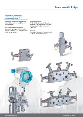 Armaturen für Erdgas
Ventilblöcke für Anwendungen
bei Transport, Speicherung und
Verarbeitung von Erdgas
Geeignet zum Absperren der Impuls­leitungen
und zum Anbau von Druck- und Differenz-
druckmessgeräten.
Diese Armaturen haben standardmäßig
außenliegende Spindel­gewinde und Anschluss­
gewinde 1/2 NPT oder G 1/2, andere Anschlüsse
sind auf Anfrage lieferbar.
Standardausführung
PN 420 (6.092 psi), metallischer Sitz oder mit
Weichkegel, PTFE-Packung oder FPM O-Ring
für Tempera­turen bis 200° C, Werkstoff
1.4404 / 316L.
Optionen
'Anti-tamper'-Ventiloberteil, Sonderwerkstoffe
wie Monel®
, Hastelloy®
, Duplex etc.
7www.as-schneider.com Armaturen für Erdgas
 