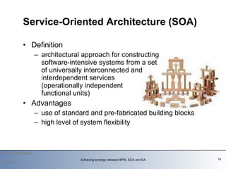 Definition architectural approach for constructing software-intensive systems from a set of universally interconnected and  interdependent services  ( operationally independent  functional units ) Advantages use of standard and pre-fabricated building blocks high level of system flexibility Service-Oriented Architecture  (SOA)   2009-12-14 Achieving synergy between BPM, SOA and EA 