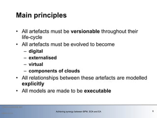 All artefacts must be  versionable  throughout their life-cycle All artefacts must be evolved to become  digital   externalised  virtual   components of clouds All relationships between these artefacts are modelled  explicitly  All models are made to be  executable Main principles   2009-12-14 Achieving synergy between BPM, SOA and EA 