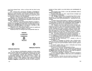uma forma dessa força; alma, ou força vital de vida é outra
forma sua.
195. O Átomo Nous representa o Eu Sou no Coração do
homem e é essencial para a perfeita manifestação da matéria.
Nous deve estar presente, como Unidade, a fim de atuar. Nous
é Dual Binário; é a Lei Universal; tudo quanto existe é dual em
sua natureza e Trino em sua manifestação.
Segundo a Lei divina, todo aquele que tem dentro de si uma
potencialidade para manifestar-se há de dividir-se em duas po-
laridades; cada qual é absolutamente necessária à outra para ma-
nifestar-se: Negativo e Positivo.
196. Então Nous é ao mesmo tempo Negativo e Positivo e
explica-nos a lei que, estando presente as duas polaridades ou
fundida como Unidade, só então pode o homem atuar ou criar.
Nous não é o Eu Sou. Nous é o sol material, o Eu Sou é o Sol
Espiritual muito mais além que o sol físico.
Voltemos à Lei: «Tudo quanto existe é dual em essência e
tudo quanto se manifesta é Trino em Princípio.
Podemos formar um triângulo para compreender essa Lei.
UNIDADE
ouVIBRAÇÃO
COMBINADA
O
NOUS
O O
VIBRAÇÃO POSITIVA
VIBRAÇÃO NEGATIVA
197. Em todas as manifestações materiais, as duas essên-
cias no homem estão sempre unidas pela infusão de uma na outra
e o ponto de contacto é a manifestação da combinação dos dois.
As manifestações materiais são negativas e limitadas, as
manifestações espirituais são ilimitadas e divinas. Assim, nas
materiais, achamos Nous negativo porque suas vibrações são
limitadas e finitas e, nas espirituais, são Ilimitadas e Infinitas.
Positivo e Negativo, isoladamente, não têm o menor vestígio de
energia ou força; porém, ao uni-los temos uma manifestação da
energia.
Essa Energia não se deve a uma das polaridades senão à
União dos Dois em Um.
Quando essas duas se unem, surge terceira condição que
torna operável a manifestação.
198. Eu Sou, o Deus Intimo, é a grande força Vital no corpo
do homem. O Átomo Nous, sua emanação, é o Dual que se ma
nifesta quando suas duas polaridades se combinam em uma
Unidade.
O Positivo Nous é Eletricidade e o negativo é o magnetismo.
Pode ser que o magnetismo seja criado pela eletricidade (Espírito)
e a eletricidade ou espírito seja manifestação direta de Nous. A
eletricidade provém do sol e o magnetismo vem da Terra.
199. Negativo quer dizer algo que é menos, embora não
exista por si mesmo, nem possa ter essência própria. Negativo
é algo que falta no positivo; é o elemento necessário, comple
mentar, desejado por e para o positivo. Não há corrente nega
tiva; há, sim, uma condição necessária à positiva. Positivo tam
bém não existe em si; há uma condição, a do início de sua sim
patia ao negativo para nele atuar. O Positivo penetra; o negativo
absorve. Aviva-se o negativo quando movido pejo positivo.
200. A Unidade de ambas as condições ou elementos, po
sitivo e negativo, é necessária para qualquer manifestação.
A manifestação ocorre no ponto de união dos dois elementos.
Nesse ponto de união acha-se o equilíbrio.
A União dos dois elementos + e causam a vida e a
manifestação da vida.
A matéria é a roupagem do Espírito; mas o Espírito mani-
festa-se em formas diversas através de seus princípios: Terra,
Ar, Água e Fogo e de suas Divindades: sólidos, líquidos, gases e
éteres.
O Espírito sustém todos os graus e distinções das formas
criadas e é a unidade da criação.
O Homem é a mais alta manifestação de Deus.
Todos os seres: homem, animais, plantas são formados por
substâncias terrenas negativas, nas quais as vibrações positivas
de NOUS entram para dar-lhes vida e o mero fato de respirar e
viver demonstra a Unidade da mesma Fonte.
A Única fonte é Eu Sou, o Absoluto. O Espírito empresta à
matéria sua qualidade negativa e Nous dá ao ar ou atmosfera a
qualidade positiva.
«Deus formou o homem do pó da terra e soprou em suas
narinas o alento de vida e o homem se fez alma vivente».
148 149
 