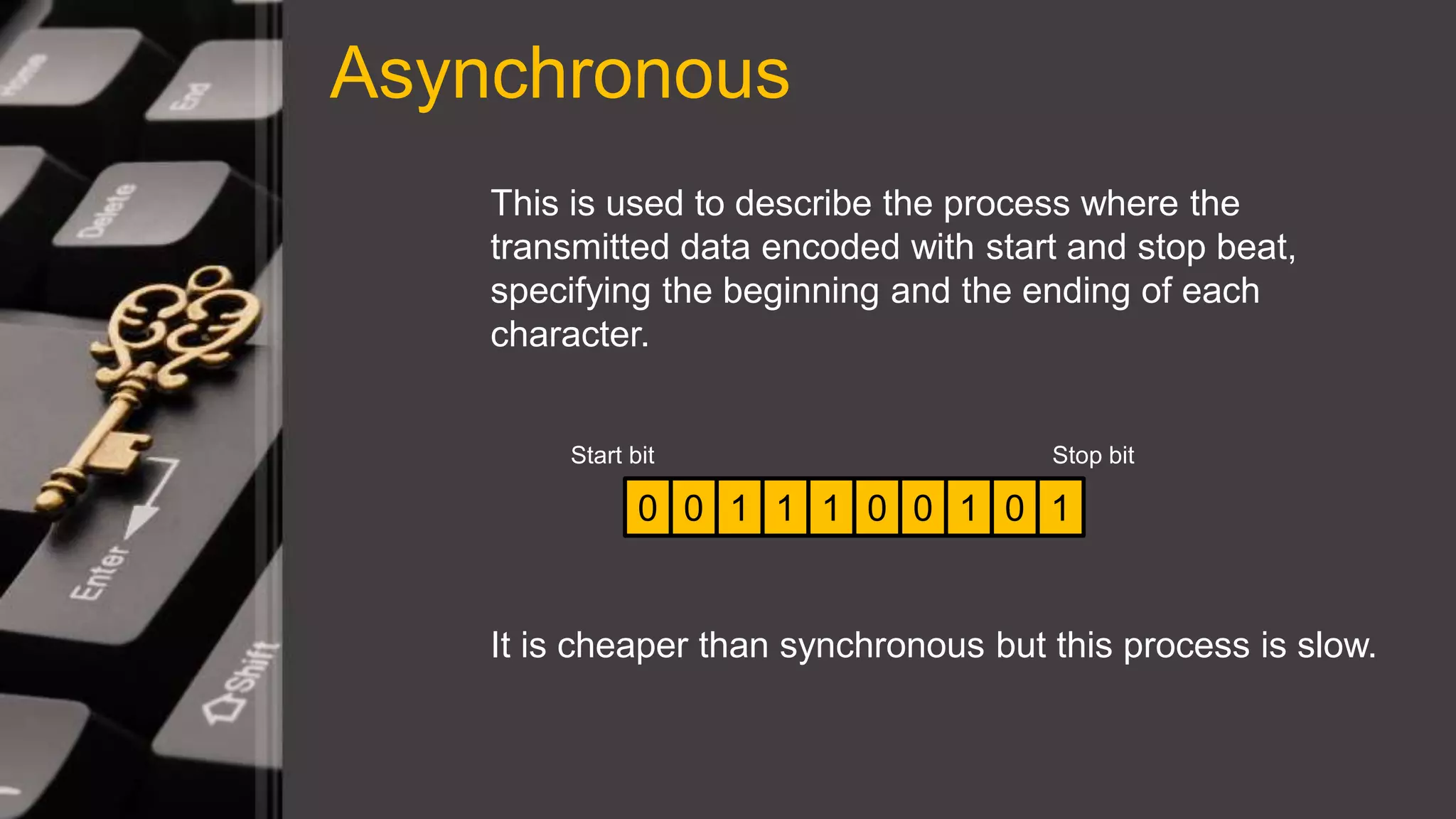 This is used to describe the process where the
transmitted data encoded with start and stop beat,
specifying the beginning and the ending of each
character.
Asynchronous
It is cheaper than synchronous but this process is slow.
0 0 1 1 1 0 0 1 0 1
Start bit Stop bit
 