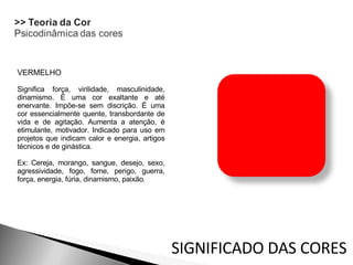 VERMELHO  Significa força, virilidade, masculinidade, dinamismo. É uma cor exaltante e até enervante. Impõe-se sem discrição. É uma cor essencialmente quente, transbordante de vida e de agitação. Aumenta a atenção, é etimulante, motivador. Indicado para uso em projetos que indicam calor e energia, artigos técnicos e de ginástica. Ex: Cereja, morango, sangue, desejo, sexo, agressividade, fogo, fome, perigo, guerra, força, energia, fúria, dinamismo, paixão. SIGNIFICADO DAS CORES 