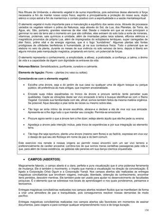 150
Nos Rituais de Umbanda, o elemento vegetal é de suma importância, pois extraímos desse elemento à força
necessária a fim de manter nosso corpo físico, espírito e principalmente a proteção do nosso aura, duplo
etérico e corpo astral a fim de mantermos o contato positivo com a espiritualidade e a saúde mental/espiritual.
O elemento vegetal é muito importante para a manutenção e equilíbrio dos seres vivos. Através de processos
variados os vegetais retiram o prâna da Natureza, seja através do Sol, da Lua, dos Planetas, da Terra, da
Água, etc. São, portanto, grandes reservas de éter vital. Desde o instante em que as ervas principiam a
germinar no seio da terra até o momento em que são colhidas, elas extraem do solo toda a sorte de minerais,
vitaminas, proteínas, sais químicos e umidade, além de imantadas pelos raios solares, eflúvios elétricos e
magnéticos provindos da própria Lua, além de impregnados do ectoplasma terráqueo, super carregadas de
éter físico, prâna vital e da energia vigorosa, que é o fogo “kundalíneo”. Algumas plantas são fontes
prodigiosas de utilidades benfeitoras à humanidade, já na sua contextura física. Todo o potencial que se
elabora no seio da planta, durante os meses de sua vivência no solo seivoso da terra, depois é liberto em
alguns minutos pela manipulação magística, projetando em torno, um potencial de forças.
O elemento representa o conhecimento, a simplicidade, a altivez, a praticidade, a confiança, a calma, o ânimo
de vida e a capacidade de digerir com dignidade os entraves da vida.
Natureza Básica: Sensibilizadora, purificante, curadora e calmante.
Elemento de ligação: Flores – plantas (no vaso ou soltas).
Conectando-se com o elemento vegetal:
 Escolha uma árvore, seja a do jardim de sua casa ou qualquer uma de algum bosque ou parque
público; dê preferência às mais antigas, que inspirem ancestralidade.
 Encoste suas mãos espalmadas no tronco da árvore e procure senti-la; tente perceber suas
qualidades. Capte as vibrações deste ser vivo enraizado à terra e busque identificar-se com o Reino
Vegetal. Constate sua familiaridade com ele, afinal, somos também feitos da mesma matéria orgânica.
Se possível, fique descalço e pise rente às raízes ou mesmo sobre elas.
 Tão logo se sinta intimo da árvore escolhida, abrace-a e declare a ela de viva voz sua amizade.
Apresente-se e lhe diga tudo o que mandar seu coração. Permita-se emocionar.
 Procure agora sentir o que a árvore tem a lhe dizer; esteja atento àquilo que ela lhe pede ou ensina.
 Agradeça a árvore pela intenção mútua, pela troca de experiências e por sua integração ao elemento
terra.
 Tão logo lhe seja oportuno, plante uma árvore (mesmo sem flores) e ao fazê-lo, expresse em viva voz
o desejo de que seu ato floresça em nome da paz e do bem comum.
Este exercício nos remete à nossas origens ao permitir nosso encontro com um ser vivo terreno e
preferencialmente de caráter ancestral. Lembra-nos de que somos meras centelhas passageiras pela vida e
que, para além de nossa existência, as galáxias são perenes em sua dança cósmica orquestrada.
 CAMPOS (ABERTOS)
Magicamente falando, o campo aberto é a clara, perfeita e pura visualização que é uma poderosa ferramenta
de mudança. Ele é também o movimento, o ímpeto que manda a visualização na direção da concretização. É
ligado a Corporação Orixá Ogum e a Corporação Yansã. Nos campos abertos são realizadas as entregas
magísticas conciliatórias que envolvem viagens, instrução, liberdade, obtenção do conhecimento, encontrar
itens perdidos, descobrir mentiras. Ele também pode ser usado para ajudar no desenvolvimento de faculdades
psíquicas. É o elemento que se sobressai nos locais de aprendizagem e nos quais ponderamos, pensamos e
teorizamos.
Entregas magísticas conciliatórias realizadas nos campos abertos recebem fluidos que se manifestam de forma
a criar uma atmosfera de paz e tranquilidade, pois conseguiremos resolver nossas demandas de modo
pacífico.
Entregas magísticas conciliatórias realizadas nos campos abertos são favoráveis em momentos de assinar
documentos, para viagens e para começar qualquer empreendimento novo e de longa duração.
 
