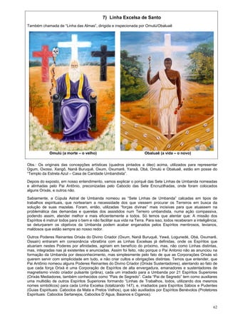 62
7) Linha Excelsa de Santo
Também chamada de “Linha das Almas”, dirigida e inspecionada por Omulú/Obaluaê
Omulú (a morte – o velho) Obaluaê (a vida – o novo)
Obs.: Os originais das concepções artísticas (quadros pintados a óleo) acima, utilizados para representar
Ogum, Oxossi, Xangô, Nanã Buruquê, Oxum, Oxumarê, Yansã, Obá, Omulú e Obaluaê, estão em posse do
“Templo da Estrela Azul – Casa de Caridade Umbandista”.
Depois do exposto, em nosso entendimento, vamos explicar o porquê das Sete Linhas de Umbanda nomeadas
e alinhadas pelo Pai Antônio, preconizadas pelo Caboclo das Sete Encruzilhadas, onde foram colocados
alguns Orixás, e outros não.
Sabiamente, a Cúpula Astral de Umbanda nomeou as “Sete Linhas de Umbanda” calcadas em tipos de
trabalhos espirituais, que norteariam a necessidade dos que viessem procurar os Terreiros em busca da
solução de suas mazelas. Foram, então, utilizadas “forças divinas” mais incisivas para que atuassem na
problemática das demandas e querelas dos assistidos num Terreiro umbandista, numa ação compassiva,
podendo assim, atender melhor e mais eficientemente a todos. Só temos que atentar que: A missão dos
Espíritos é instruir todos para o bem e não facilitar sua vida na Terra. Para isso, todos receberam a inteligência;
se deturparem os objetivos da Umbanda podem acabar enganados pelos Espíritos mentirosos, levianos,
maldosos que estão sempre ao nosso redor.
Outros Poderes Reinantes Orixás do Divino Criador (Oxum, Nanã Buruquê, Yewá, Logunedé, Obá, Oxumarê,
Ossain) entraram em consonância vibratória com as Linhas Excelsas já definidas, onde os Espíritos que
atuariam nestes Poderes por afinidades, agiriam em benefício do próximo, mas, não como Linhas distintas,
mas, integradas nas já existentes e anunciadas. Assim foi feito, não porque o Pai Antonio não as anunciou na
formação da Umbanda por desconhecimento, mas simplesmente pelo fato de que as Corporações Orixás só
querem servir com simplicidade em tudo, e não criar cultos e obrigações distintas. Temos que entender, que
Pai Antônio nomeou alguns Poderes Reinantes do Divino Criador (Orixás Sustentadores), atentando ao fato de
que cada força Orixá é uma Corporação de Espíritos de alta envergadura, emanadores e sustentadores de
magnetismo vívido criador pulsante (prâna), cada um irradiado para a Umbanda por 21 Espíritos Superiores
(Orixás Mediadores, também conhecidos como “Pais de Segredo”. Cada “Pai de Segredo” tem como auxiliares
uma multidão de outros Espíritos Superiores formando “Linhas de Trabalhos, todos, utilizando dos mesmos
nomes simbólicos) para cada Linha Excelsa (totalizando 147), e, irradiados para Espíritos Sábios e Pudentes
(Guias Espirituais: Caboclos da Mata e Pretos Velhos), que são auxiliados por Espíritos Benévolos (Protetores
Espirituais: Caboclos Sertanejos, Caboclos D´Agua, Baianos e Ciganos).
 