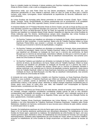 63
Esse é o trabalho basilar da Umbanda: A labuta caritativa com Espíritos irradiados pelos Poderes Reinantes
Orixás do Divino Criador, e não o culto ou obrigações para Orixás.
Observemos então, que cada Poder Orixá nos traz fatores psicológicos, vivenciais, morais, etc., que
influenciam grandemente no viver material e espiritual. Cada um vibra um poder de Deus para a vivência
humana, onde, todos, comungados, vibram intensamente as experiências do dia-a-dia, totalizando todo o
existir planetário.
As Linhas Excelsas são formadas pelos fatores prementes às vivências humanas (Oxalá, Ogum. Oxóssi,
Xangô, Yemanjá, Yansã, Omulú/Obaluaê); os fatores subsequentes que as acompanham e as completam
(Oxum, Nanã Buruquê, Yewá, Obá, Logunedé, Ossain), formam o todo que a vivência terrena necessita.
A Umbanda trabalha com 07 Poderes Reinantes Orixás do Divino Criador, pois são as forças de Deus que são
mais clamadas a atuarem nos problemas daqueles que a procuram. Por isso não encontrarão Guias Espirituais
e protetores “de” Oxum, de Nanã Buruquê, de Obá, de Yewá, de Logunedé, de Oxumarê, de Ossain, pois os
Espíritos que trabalham na irradiação desses Orixás, labutam integrados em algumas das Linhas Excelsas de
Orixás instituídas pelo Pai Antonio, identificando-se sempre como integrantes das Linhas Excelsas já
anunciadas, como trabalhadores tenazes, na irradiação dos Orixás Mediadores.
 Os Espíritos Tutelares que trabalham por afinidades na Irradiação de Oxalá, vibram essencialmente o
domínio do fator humanista, o mundo espiritual. Nesta Linha de Trabalho Espiritual militam os Guias
Espirituais Pretos-Velhos que enceram o princípio da sabedoria e da humildade; e os Espíritos
Crianças que é encerram o domínio da espiritualidade, a singeleza.
 Os Espíritos Tutelares que trabalham por afinidades na irradiação de Yemanjá, vibram essencialmente
o domínio do psicológico. Nesta Linha de Trabalho Espiritual, militam os Guias Espirituais femininos
que trabalham por afinidades na irradiação de Oxum que é o domínio dos sentimentos, de Nanã
Buruquê que é o domínio da reencarnação, maturidade e reflexão; de Obá que é o domínio da ação; e
de Yewá que é o domínio da transformação. Não se classificam individualmente, mas somente como
sendo da Linha Excelsa de Yemanjá.
 Os Espíritos Tutelares que trabalham por afinidades na irradiação de Oxóssi, vibram essencialmente o
domínio da fartura, da abundância e da fauna. Nesta Linha de Trabalho Espiritual, militam os Guias
Espirituais que trabalham por afinidades na irradiação de Oxumarê que é o domínio dos ciclos e
movimentos constantes, o equilíbrio dos opostos; Ossain que é o domínio da fitoterapia, florestas e
plantas medicinais; e de Logunedé que é o domínio da adaptação constante. Igualmente, nesta mesma
Linha de Trabalho Espiritual, militam os Guias Espirituais masculinos que trabalham por afinidades na
irradiação de Oxum, de Nanã Buruquê e de Obá. Não se classificam individualmente, mas somente
como sendo da Linha Excelsa de Oxóssi.
A Umbanda tem como objetivo precípuo o trabalho com Espíritos humanos, os Guias Espirituais (Espíritos
Tutelares) e seus auxiliares, o Protetores Espirituais que militam por afinidades na irradiação de cada Linha
Excelsa, para a caridade, usando os elementos da Natureza (arsenal da Umbanda), tudo baseado nos
ensinamentos crísticos, e não apenas cultuar. oferendar ou realizar entregas magísticas conciliatórias para os
Orixás, assim como fazem os cultos afros, que, aliás, não trabalham com incorporações de Espíritos
desencarnados, considerados por eles, Eguns.
Para a Umbanda a reverência aos Orixás se faz de modo discreto, através de orações, amor, oferendas e, se
for orientado, entregas magísticas conciliatórias conciliatórias simples quando se está no sítio vibratório
correspondente para captação de energias, mas sem, contudo, “adorá-los”, pois a adoração suprema só se
deve a Deus Pai. Honramos com reverência os Sagrados Orixás, para que haja uma interação fluídica de
amor, agradecimento, irmandade e gratidão.
Os Espíritos Tutelares (Guias Espirituais) trabalhadores das Linhas Mestras, e seus acólitos das Linhas
Auxiliares e da Linha Secundária de Trabalhos Espirituais (Protetores Espirituais), irradiados pelos Orixás
Mediadores, trabalham em harmonia, combinando os seus recursos para a eficácia da ação coletiva, sempre,
e, somente para instruir ou ajudar.
Exemplo: Os trabalhadores espirituais da Linha de Santo agem junto aos seus antigos companheiros da Banda
Negra a fim de fazê-los abandonar pacificamente a(s) demanda(s) efetuada(s). Os trabalhadores da Linha
Excelsa de Oxossi agem, capturando os maldosos. Os trabalhadores da Linha Excelsa de Ogum, com seus
ímpetos guerreiros agem, libertando a vítima. Os trabalhadores da Linha Excelsa de Yemanjá, com suas águas
desimpregnadoras, auxiliados pelos trabalhadores da Linha Excelsa de Yansã, retiram os resíduos maléficos,
enquanto os trabalhadores da Linha Excelsa de Xangô encaminham os Espíritos maldosos às escolas de
amor.
 