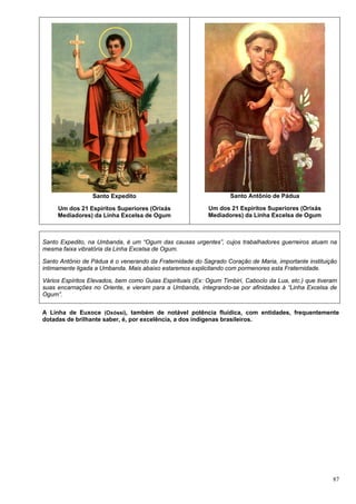 87
Santo Expedito
Um dos 21 Espíritos Superiores (Orixás
Mediadores) da Linha Excelsa de Ogum
Santo Antônio de Pádua
Um dos 21 Espíritos Superiores (Orixás
Mediadores) da Linha Excelsa de Ogum
Santo Expedito, na Umbanda, é um “Ogum das causas urgentes”, cujos trabalhadores guerreiros atuam na
mesma faixa vibratória da Linha Excelsa de Ogum.
Santo Antônio de Pádua é o venerando da Fraternidade do Sagrado Coração de Maria, importante instituição
intimamente ligada a Umbanda. Mais abaixo estaremos explicitando com pormenores esta Fraternidade.
Vários Espíritos Elevados, bem como Guias Espirituais (Ex: Ogum Timbirí, Caboclo da Lua, etc.) que tiveram
suas encarnações no Oriente, e vieram para a Umbanda, integrando-se por afinidades à “Linha Excelsa de
Ogum”.
A Linha de Euxoce (Oxóssi), também de notável potência fluídica, com entidades, frequentemente
dotadas de brilhante saber, é, por excelência, a dos indígenas brasileiros.
 