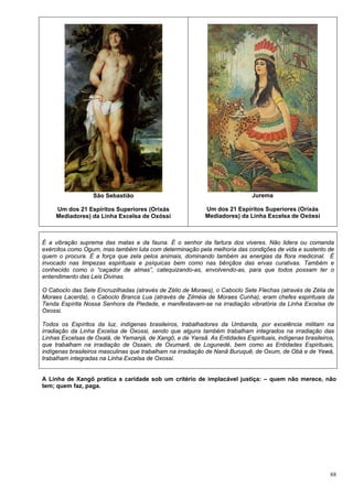 88
São Sebastião
Um dos 21 Espíritos Superiores (Orixás
Mediadores) da Linha Excelsa de Oxóssi
Jurema
Um dos 21 Espíritos Superiores (Orixás
Mediadores) da Linha Excelsa de Oxóssi
É a vibração suprema das matas e da fauna. É o senhor da fartura dos viveres. Não lidera ou comanda
exércitos como Ogum, mas também luta com determinação pela melhoria das condições de vida e sustento de
quem o procura. É a força que zela pelos animais, dominando também as energias da flora medicinal. É
invocado nas limpezas espirituais e psíquicas bem como nas bênçãos das ervas curativas. Também e
conhecido como o “caçador de almas”, catequizando-as, envolvendo-as, para que todos possam ter o
entendimento das Leis Divinas.
O Caboclo das Sete Encruzilhadas (através de Zélio de Moraes), o Caboclo Sete Flechas (através de Zélia de
Moraes Lacerda), o Caboclo Branca Lua (através de Zilméia de Moraes Cunha), eram chefes espirituais da
Tenda Espírita Nossa Senhora da Piedade, e manifestavam-se na irradiação vibratória da Linha Excelsa de
Oxossi.
Todos os Espíritos da luz, indígenas brasileiros, trabalhadores da Umbanda, por excelência militam na
irradiação da Linha Excelsa de Oxossi, sendo que alguns também trabalham integrados na irradiação das
Linhas Excelsas de Oxalá, de Yemanjá, de Xangô, e de Yansã. As Entidades Espirituais, indígenas brasileiros,
que trabalham na irradiação de Ossain, de Oxumarê, de Logunedé, bem como as Entidades Espirituais,
indígenas brasileiros masculinas que trabalham na irradiação de Nanã Buruquê, de Oxum, de Obá e de Yewá,
trabalham integradas na Linha Excelsa de Oxossi.
A Linha de Xangô pratica a caridade sob um critério de implacável justiça: – quem não merece, não
tem; quem faz, paga.
 