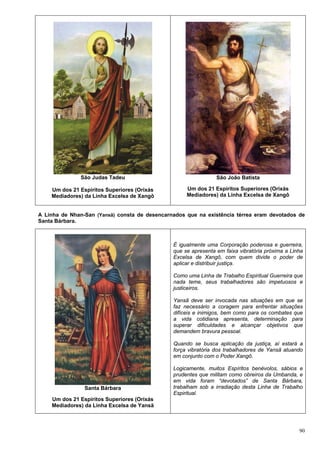 90
São Judas Tadeu
Um dos 21 Espíritos Superiores (Orixás
Mediadores) da Linha Excelsa de Xangô
São João Batista
Um dos 21 Espíritos Superiores (Orixás
Mediadores) da Linha Excelsa de Xangô
A Linha de Nhan-San (Yansã) consta de desencarnados que na existência térrea eram devotados de
Santa Bárbara.
Santa Bárbara
Um dos 21 Espíritos Superiores (Orixás
Mediadores) da Linha Excelsa de Yansã
É igualmente uma Corporação poderosa e guerreira,
que se apresenta em faixa vibratória próxima a Linha
Excelsa de Xangô, com quem divide o poder de
aplicar e distribuir justiça.
Como uma Linha de Trabalho Espiritual Guerreira que
nada teme, seus trabalhadores são impetuosos e
justiceiros.
Yansã deve ser invocada nas situações em que se
faz necessário a coragem para enfrentar situações
difíceis e inimigos, bem como para os combates que
a vida cotidiana apresenta, determinação para
superar dificuldades e alcançar objetivos que
demandem bravura pessoal.
Quando se busca aplicação da justiça, aí estará a
força vibratória dos trabalhadores de Yansã atuando
em conjunto com o Poder Xangô.
Logicamente, muitos Espíritos benévolos, sábios e
prudentes que militam como obreiros da Umbanda, e
em vida foram “devotados” de Santa Bárbara,
trabalham sob a irradiação desta Linha de Trabalho
Espiritual.
 