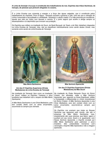 91
A Linha de Amanjár (Yemanjá) é constituída dos trabalhadores do mar, Espíritos das tribos litorâneas, de
marujos, de pessoas que perecem afogadas no oceano.
É a Linha Excelsa que comanda a energia e a força das águas salgadas, que é constituída pelos
trabalhadores do chamado “Povo D´Agua”. Yemanjá concede e governa a vida, uma vez que a vibração da
Linha é associada a fecundidade e a fertilidade. Yemanjá é o alento criador. É a mãe amorosa por excelência,
aquela que zela por todos com desvelo e carinho. É o porto seguro que acolhe e abriga sempre os
desamparados e os deprimidos que invocam sua proteção..
Os Espíritos que militam na irradiação de Oxum, de Nanã Buruquê, de Yewá, e de Obá, trabalham integradas
na Linha Excelsa de Yemanjá, mas, não se classificam individualmente como sendo destes Orixás, mas
somente como sendo da Linha Excelsa de Yemanjá.
Mãe Maria Santíssima
Um dos 21 Espíritos Superiores (Orixás
Mediadores) da Linha Excelsa de Yemanjá
Na irradiação de Yemanjá, bem como na irradiação
de Oxum, militam os Espíritos Tutelares e seus
auxiliares que trabalham sob o amparo da Mãe Maria
Santíssima.
A Mãe Maria Santíssima é uma Orixá Mediadora, pois
tem contato direto com os seres encarnados,
socorrendo-os sempre que clamada.
Mãe Senhora Aparecida
Um dos 21 Espíritos Superiores (Orixás
Mediadores) da Mãe Oxum
Na irradiação do Poder Reinante Oxum do Divino
Criador, por afinidade, milita a Mãe Senhora
Aparecida, que, segundo os Guias Espirituais, reflete
a Compaixão, a Misericórdia e o Amor Incondicional
do Divino Criador. A Mãe Senhora Aparecida é uma
Orixá Mediadora, pois tem contato direto com os
seres encarnados, socorrendo-os sempre que
clamada.
Os Espíritos nos ensinam que todas as Nossas
Senhoras que aparecem pelo mundo, não são a
presença da Mãe Maria Santíssima, mas,
simplesmente são suas obreiras, que falam, agem e
auxiliam em seu nome. Assim o é, igualmente, com
Nossa Senhora Aparecida, o Espírito enviado por
Mãe Maria Santíssima para patronear o povo
brasileiro. Nós umbandistas honramos com
veneração o Espírito Mãe Aparecida e não a imagem
aparecida.
 
