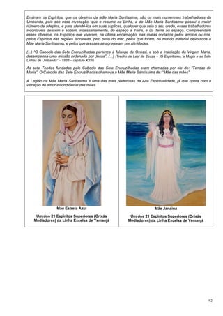 92
Ensinam os Espíritos, que os obreiros da Mãe Maria Santíssima, são os mais numerosos trabalhadores da
Umbanda, pois sob essa invocação, que o resume na Linha, a de Mãe Maria Santíssima possui o maior
número de adeptos, e para atendê-los em suas súplicas, qualquer que seja o seu credo, esses trabalhadores
incontáveis descem e sobem, incessantemente, do espaço a Terra, e da Terra ao espaço. Compreendem
esses obreiros, os Espíritos que viveram, na última encarnação, nas matas cortados pelos arroios ou rios,
pelos Espíritos das regiões litorâneas, pelo povo do mar, pelos que foram, no mundo material devotados a
Mãe Maria Santíssima, e pelos que a esses se agregaram por afinidades.
(...) “O Caboclo das Sete Encruzilhadas pertence à falange de Oxóssi, e sob a irradiação da Virgem Maria,
desempenha uma missão ordenada por Jesus”. (...) (Trecho de Leal de Souza – “O Espiritismo, a Magia e as Sete
Linhas de Umbanda” – 1933 – capítulo XXIII)
As sete Tendas fundadas pelo Caboclo das Sete Encruzilhadas eram chamadas por ele de: “Tendas de
Maria”. O Caboclo das Sete Encruzilhadas chamava a Mãe Maria Santíssima de: “Mãe das mães”.
A Legião da Mãe Maria Santíssima é uma das mais poderosas da Alta Espiritualidade, já que opera com a
vibração do amor incondicional das mães.
Mãe Estrela Azul
Um dos 21 Espíritos Superiores (Orixás
Mediadores) da Linha Excelsa de Yemanjá
Mãe Janaina
Um dos 21 Espíritos Superiores (Orixás
Mediadores) da Linha Excelsa de Yemanjá
 