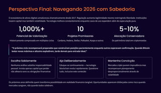 Perspectiva Final: Navegando 2026 com Sabedoria
O ecossistema de ativos digitais amadureceu dramaticamente desde . Regulação aumenta legitimidade mesmo restringindo liberdade. Instituições
trazem capital mas também volatilidade. Tecnologia melhora constantemente enquanto casos de uso expandem além de especulação pura.
1,000%+
Potencial de Valorização
Historicamente comprovado em múltiplos ciclos
10
Projetos Promissores
Cardano, Hedera, Stellar, Polkadot, Kaspa e outros
5-10%
Alocação Conservadora
Do patrimônio total em criptomoedas
"O próximo ciclo recompensará preparados que construíram posições pacientemente enquanto outros esperavam confirmação. Quando Bitcoin
testar novas máximas e altcoins explodirem, tarde demais para entrada ideal."
Escolha Sabiamente
Nenhuma análise substitui responsabilidade
pessoal. Invista apenas capital que perder
não afetaria sono ou obrigações financeiras
Aja Deliberadamente
Eduque-se continuamente 4 tecnologia
blockchain evolui rapidamente. Questione
tudo, inclusive este conteúdo
Mantenha Convicção
Mercados cripto punem imprudência mas
recompensam planejamento
desproporcionalmente através de
volatilidade
Os próximos anos definirão quem transforma possibilidade em realidade financeira tangível. Oportunidades aparecem disfarçadas como risco quando
mercados sangram, não quando todos celebram.
 