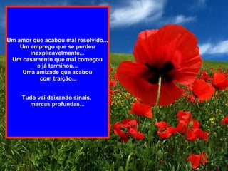 Um amor que acabou mal resolvido... Um emprego que se perdeu inexplicavelmente... Um casamento que mal começou e já terminou... Uma amizade que acabou com traição... Tudo vai deixando sinais,  marcas profundas... 