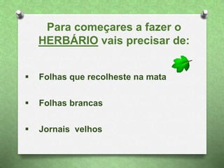 Para começares a fazer o
HERBÁRIO vais precisar de:
 Folhas que recolheste na mata
 Folhas brancas
 Jornais velhos
 