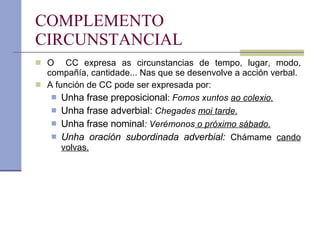 COMPLEMENTO CIRCUNSTANCIAL O  CC expresa as circunstancias de tempo, lugar, modo, compañía, cantidade... Nas que se desenvolve a acción verbal. A función de CC pode ser expresada por: Unha frase preposicional :  Fomos xuntos  ao colexio. Unha frase adverbial:  Chegades  moi tarde. Unha frase nominal : Verémonos  o próximo sábado. Unha oración subordinada adverbial:  Chámame  cando volvas. 