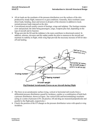 Aircraft Structures-II Unit-1
10AE72 Introduction to Aircraft Structural Design
R.Suthan M.E Dept of Aeronautical Engg
Asst.Professor DSCE-Bangalore
 All air loads are the resultants of the pressure distribution over the surfaces of the skin
produced by steady flight, manoeuvre or gust conditions. Generally, these resultants cause
direct loads, bending, shear and torsion in all parts of the structure in addition to local,
normal pressure loads imposed on the skin.
 Conventional aircraft usually consist of fuselage, wings and tailplane. The fuselage contains
crew and payload, the latter being passengers, cargo, weapons plus fuel, depending on the
type of aircraft and its function
 Wings provide the lift and the tailplane is the main contributor to directional control. In
addition, ailerons, elevators and the rudder enable the pilot to manoeuvre the aircraft and
maintain its stability in flight, while wing flaps provide the necessary increase of lift for take-
off and landing.
Fig.Principal Aerodynamic Forces on an Aircraft during Flight
 The force on an aerodynamic surface (wing, vertical or horizontal tail) results from a
differential pressure distribution caused by incidence, camber or a combination of both.Such
a pressure distribution, shown in Figure , has vertical (lift) and horizontal(drag) resultants
acting at a centre of pressure (CP). (In practice, lift and drag are measured perpendicular and
parallel to the flight path, respectively.)
 Clearly the position of the CP changes as the pressure distribution varies with speed or wing
incidence.
 