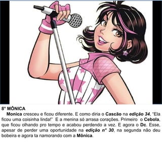 8° MÔNICA
Monica cresceu e ficou diferente. E como diria o Cascão na edição 34, “Ela
ficou uma coisinha linda!” E a menina só arrasa corações. Primeiro o Cebola,
que ficou olhando pro tempo e acabou perdendo a vez. E agora o Dc. Esse,
apesar de perder uma oportunidade na edição n° 30, na segunda não deu
bobeira e agora ta namorando com a Mônica.
 
