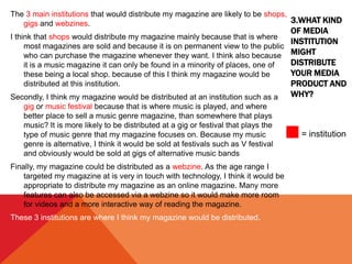 3.WHAT KIND
OF MEDIA
INSTITUTION
MIGHT
DISTRIBUTE
YOUR MEDIA
PRODUCT AND
WHY?
The 3 main institutions that would distribute my magazine are likely to be shops,
gigs and webzines.
I think that shops would distribute my magazine mainly because that is where
most magazines are sold and because it is on permanent view to the public
who can purchase the magazine whenever they want. I think also because
it is a music magazine it can only be found in a minority of places, one of
these being a local shop. because of this I think my magazine would be
distributed at this institution.
Secondly, I think my magazine would be distributed at an institution such as a
gig or music festival because that is where music is played, and where
better place to sell a music genre magazine, than somewhere that plays
music? It is more likely to be distributed at a gig or festival that plays the
type of music genre that my magazine focuses on. Because my music
genre is alternative, I think it would be sold at festivals such as V festival
and obviously would be sold at gigs of alternative music bands
Finally, my magazine could be distributed as a webzine. As the age range I
targeted my magazine at is very in touch with technology, I think it would be
appropriate to distribute my magazine as an online magazine. Many more
features can also be accessed via a webzine so it would make more room
for videos and a more interactive way of reading the magazine.
These 3 institutions are where I think my magazine would be distributed.
= institution
 