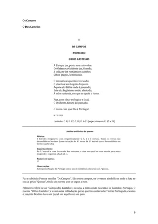 8
Os Campos
O Dos Castelos
I
OS CAMPOS
PRIMEIRO
O DOS CASTELOS
A Europa jaz, posta nos cotovelos:
De Oriente a Ocidente jaz, fitando,
E toldam-lhe românticos cabelos
Olhos gregos, lembrando.
O cotovelo esquerdo é recuado;
O direito é em ângulo disposto.
Aquele diz Itália onde é pousado;
Este diz Inglaterra onde, afastado,
A mão sustenta, em que se apoia o rosto.
Fita, com olhar esfíngico e fatal,
O Ocidente, futuro do passado.
O rosto com que fita é Portugal
8-12-1928
Lusíadas: C. II, E. 97; C. III, E. 6-21 (especialmente E. 17 e 20)
Análise estilística do poema
Métrica
4 Estrofes irregulares (com respectivamente 4, 5, 2 e 1 versos). Todos os versos são
decassilábicos heróicos (com excepção do 4.º verso da 1.ª estrofe que é hexassilábico ou
heróico quebrado).
Esquema rímico
Na 1.ª estrofe a rima é cruzada. Nas restantes, a rima extrapola de uma estrofe para outra
(seguindo o esquema: abaab cb c).
Número de versos
12
Observações
Antropomorfização de Portugal com o uso de metáforas; discurso na 3.ª pessoa.
Para subtítulo Pessoa escolhe “Os Campos”. S~o estes campos, os terrenos simbólicos onde a luta se
inicia, pelas “Quinas”, título do poema que se segue a este.
Primeiro refere-se ao “Campo dos Castelos”, ou seja, a terra onde nascer~o os Castelos: Portugal. O
poema “O Dos Castelos” é assim uma introduç~o geral, que fala sobre o território Português, e como
o próprio Destino teve um papel em aqui fazer um país.
 